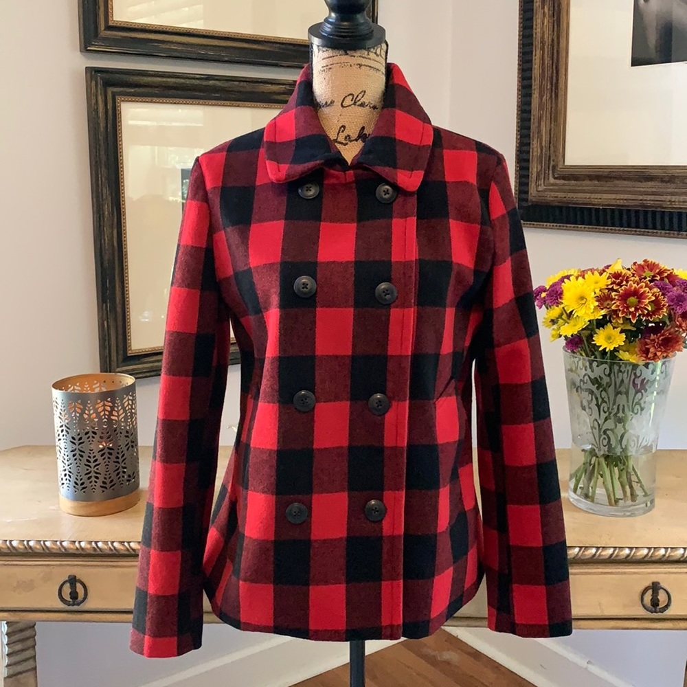 GAP Plaid Wool Red black jacket pea coat M